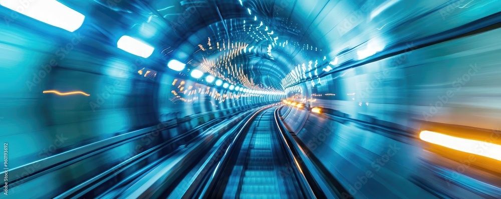 Aufkleber a dynamic view of a blue-lit tunnel, capturing the motion and speed of a train underground, creating