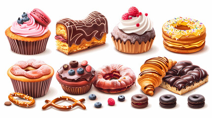 Various of sweets and desserts set and collection. chocolate cake, cupcakes, red velvet cake, apple pie, macarons, pretzel, donut, pastries, muffin, cookies, croissant. Bakery sweets isolated on white