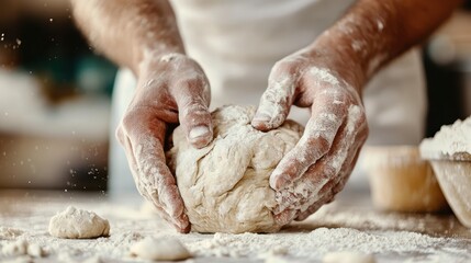 A close-up image of hands carefully shaping dough on a flour-dusted kitchen workspace, highlighting the meticulous technique and passion involved in baking homemade bread.