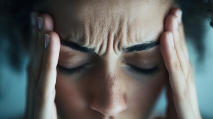 Fototapeta premium A person is covering their face with their hands, seemingly feeling stressed or anxious. The background is blurred, directing focus on the emotional state of the individual.