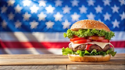 A festive Fourth of July background featuring a patriotic summer burger with red, white, and blue toppings