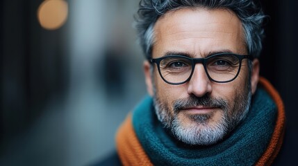Fototapeta premium A mature man with glasses and a colorful scarf stands confidently, displaying a calm demeanor against a softly blurred background with natural light effects.
