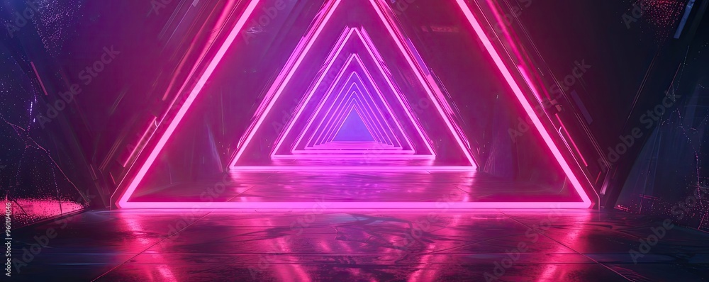 Poster a mesmerizing neon-lit tunnel featuring vibrant pink triangles reflecting on a sleek surface, creati