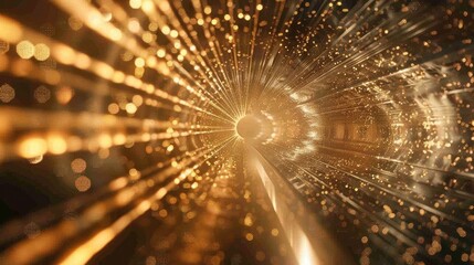 Fototapeta premium A mesmerizing tunnel of light featuring golden particles that evoke a sense of depth and movement, perfect for abstract visuals.