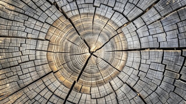 Cracked wood annual growth rings in dry tree section weathered texture with gray hue and scratches