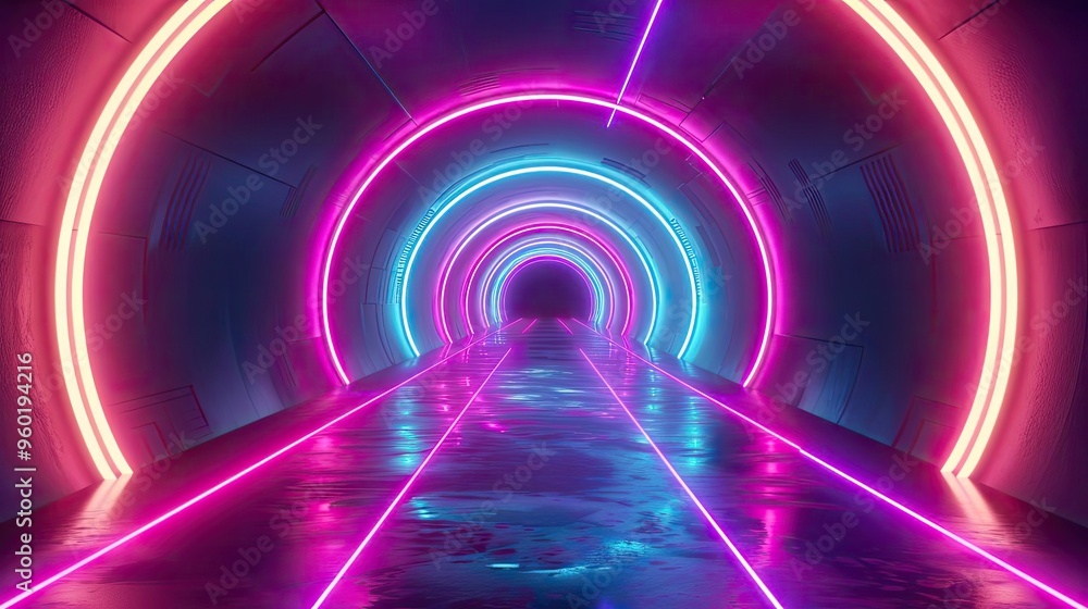 Poster a vibrant neon tunnel illuminated with colorful lights, creating a futuristic and surreal atmosphere