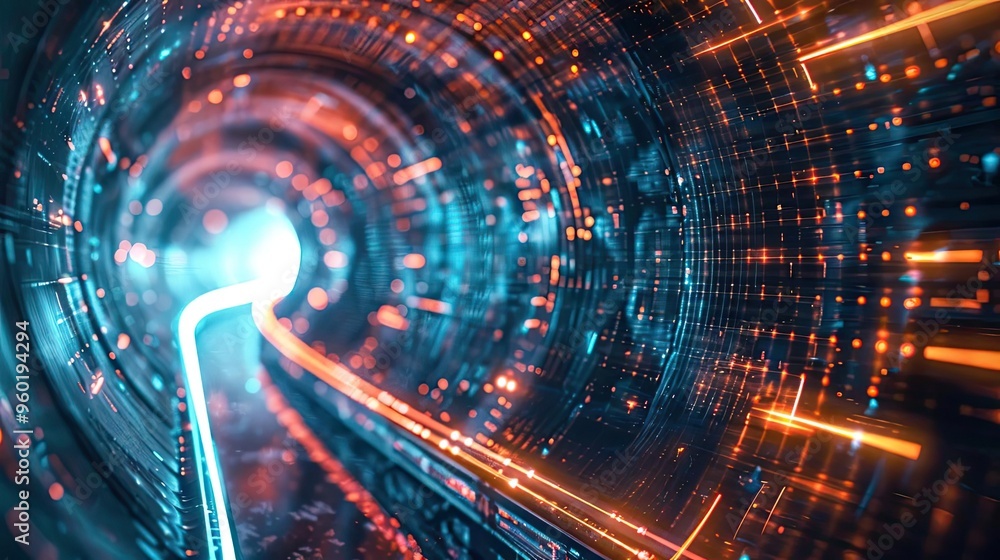 Poster futuristic tunnel with glowing lights, creating an abstract, tech-inspired environment. perfect for 