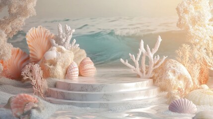 A white marble podium with seashells and coral on the beach in front of a blurred ocean background.
