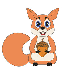 Funny flat squirrel with acorn isolated transparent background. Vector template design postcard greeting card textile decor and t-shirt print. EPS 10 Editable stroke
