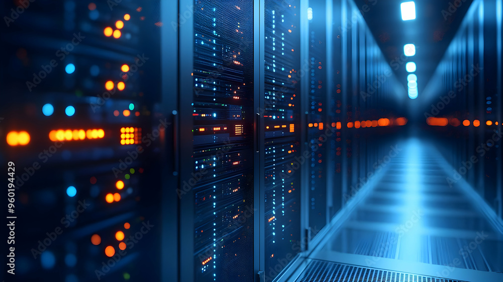 Poster a corridor of illuminated server racks in a data center.