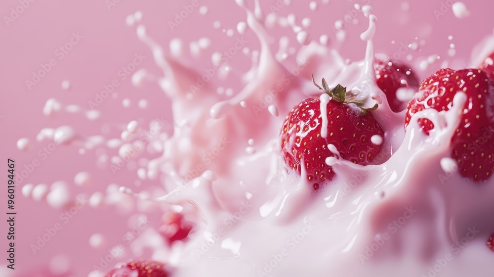 Poster in this image, multiple strawberries are seen splashing into vibrant pink milk, capturing a dynamic 
