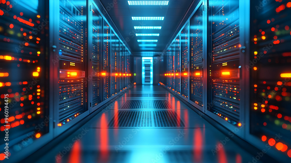 Poster a corridor of illuminated server racks in a data center.