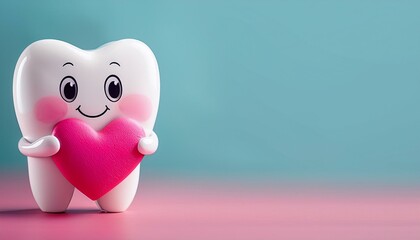 Fototapeta premium かわいい歯のキャラクターとハートとコピースペース（Cute tooth character with heart and copy space.） 