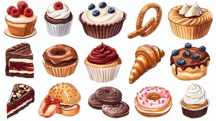 Various of sweets and desserts set and collection. chocolate cake, cupcakes, red velvet cake, apple pie, macarons, pretzel, donut, pastries, muffin, cookies, croissant. Bakery sweets isolated on white