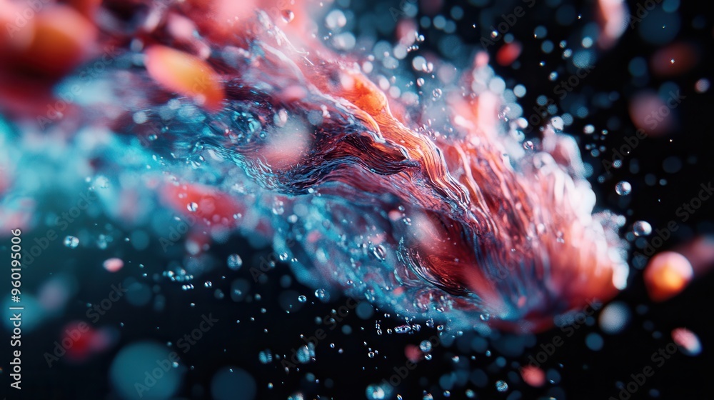 Poster an abstract swirling motion of red and blue particles, captured in a dynamic energy-filled image tha