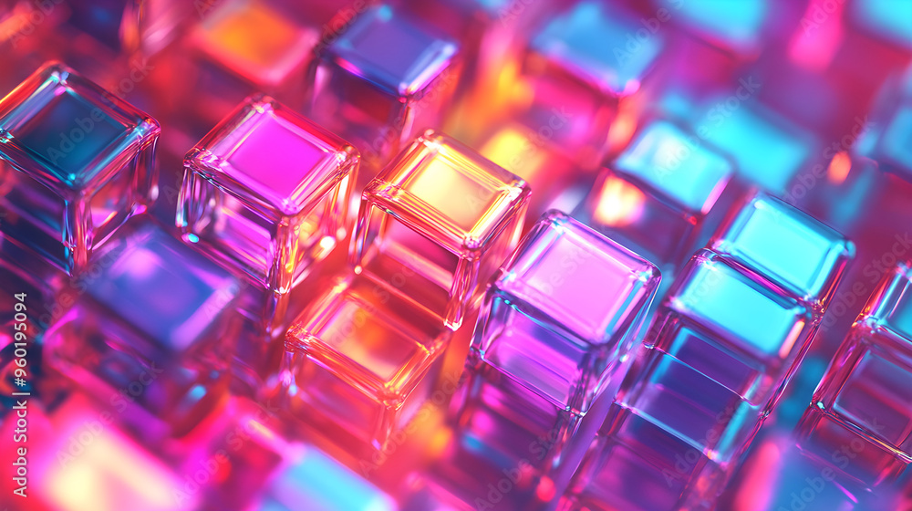 Poster close up view of iridescent metal cubes reflecting neon light. abstract grid pattern with vibrant co