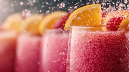 Refreshing pink fizzy drink topped with an orange slice and raspberries, with bubbles splashing around, representing fun, refreshment, and a burst of fruity flavor.