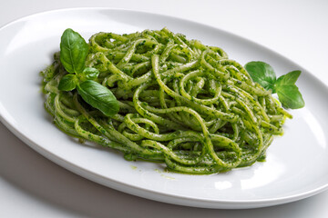 Dish with linguine with Genoese pesto sauce