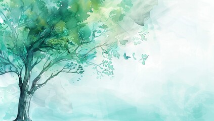 Watercolor illustration of a tree with green leaves in a misty landscape