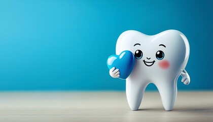 かわいい歯のキャラクターとハートとコピースペース（Cute tooth character with heart and copy space.）
