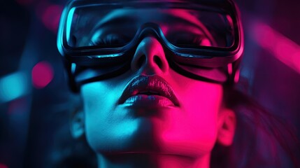 A rear shot of an individual wearing a VR headset, illuminated by vibrant neon blue and red lighting, representing futuristic technology and immersive virtual reality experiences.