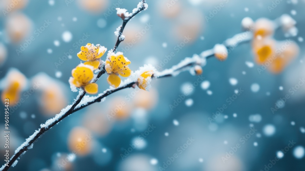 Poster a branch adorned with tiny yellow flowers covered in snowflakes creates a breathtaking winter scene.
