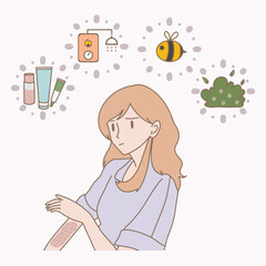 Woman skin allergies cause by daily products, cosmetics, hot or cold water, insects, plants, grass, weed. Red rash skin irritation, itchy. Hand drawn flat cartoon character vector illustration.