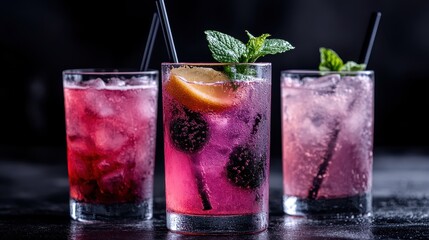 Three refreshing cocktails with ice, garnishes, and straws presented against a dark backdrop, showcasing vibrant colors and cool, enticing beverages perfect for any occasion.