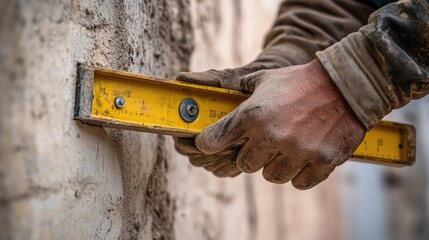 A worker using a level tool to ensure a straight surface on a wall.