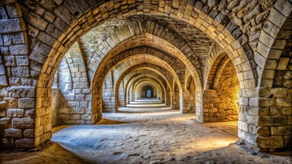 Interior of castle tunnel with stone arches in a bastion fortress