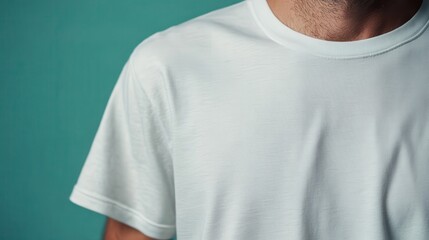 This image shows a close-up of a person wearing a plain white t-shirt against a solid green background, capturing the texture and simplicity of the cloth material.