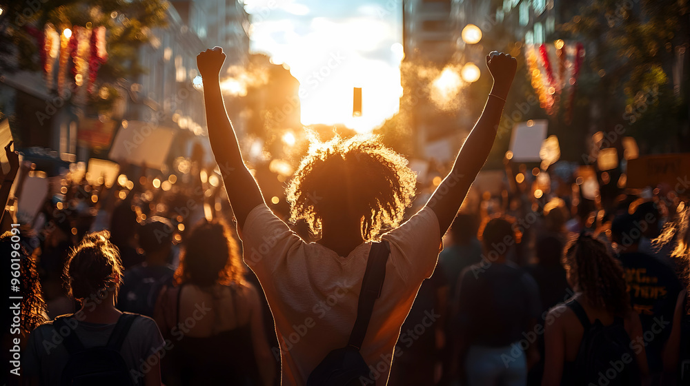 Poster a crowd protesting with raised fists against a sunset backdrop.