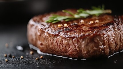 A close-up view of a juicy, perfectly grilled steak garnished with rosemary and peppercorns, showcasing the savory, mouthwatering appeal of this classic dish, catered for food enthusiasts and connois