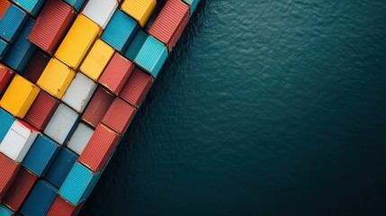 The image shows colorful shipping containers neatly stacked by the edge of a blue waterfront, symbolizing global trade, organization, and the bustling activity of maritime transport.