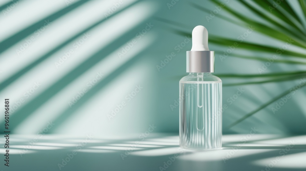 Poster a clear dropper bottle with transparent liquid, artistically placed against a backdrop with shadows 