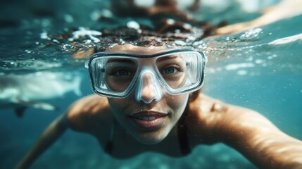 Naklejka premium A captivating underwater shot featuring a woman in swimming goggles surrounded by bubbles, highlighting the grace and adventure of underwater sports and exploration.