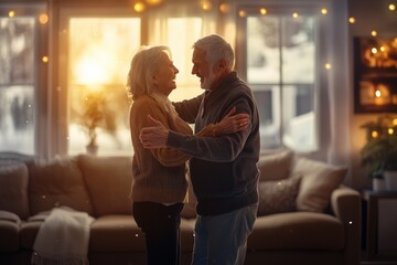 An elderly couple dancing together, enjoying a joyful moment. The image captures their happiness and connection, highlighting the beauty of shared experiences in later life