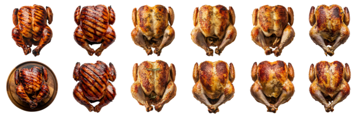 Roasted and BBQ chicken top view full length on transparency background PNG