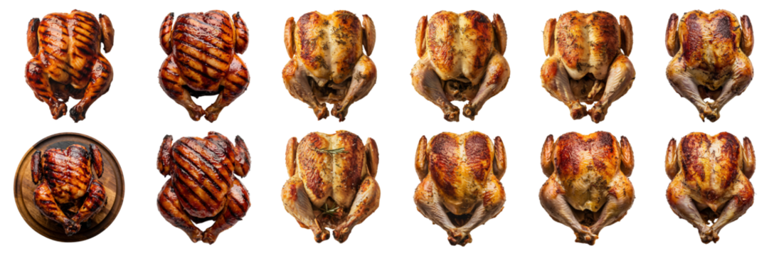 Roasted and BBQ chicken top view full length on transparency background PNG