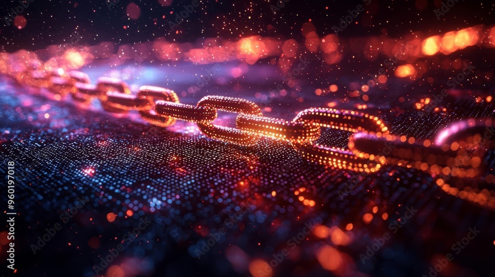 Aufkleber a close-up view of a glowing digital chain linking illuminated particles against a dark background, 
