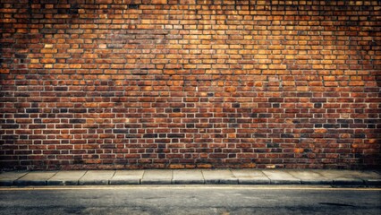 A street scene with a textured brick wall in the background