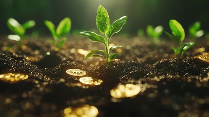 Green Plant Sprouting from Soil with Golden Bitcoin Coins