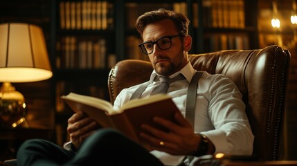 Man Reading Book in Leather Chair in Library Setting