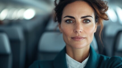 Fototapeta premium A confident-looking woman sits on an airplane seat, exuding professionalism and calmness in a business suit, reflecting inner strength and preparedness.