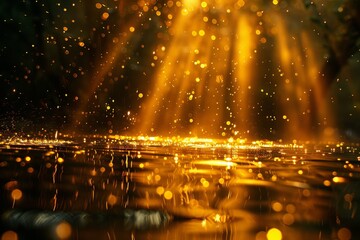 Obraz premium Golden beam of light reflecting on water surface, creating abstract flowing textures with a mysterious and tranquil atmosphere, impressionistic style.