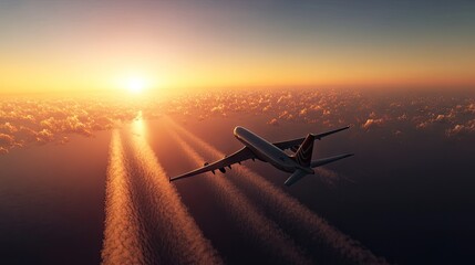 A passenger airplane flying into the sunset, leaving a trail of clouds as it soars toward its destination.