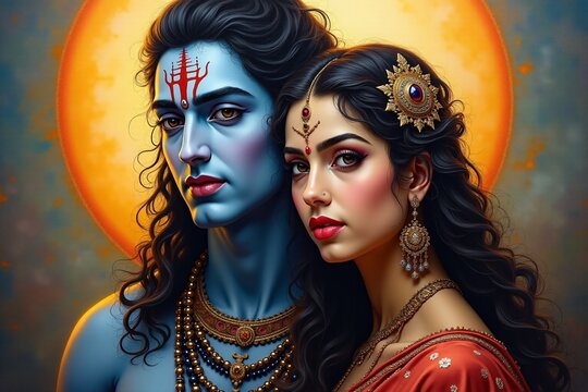 Portrait of Lord Shiva and Goddess Parvati, oil painting.