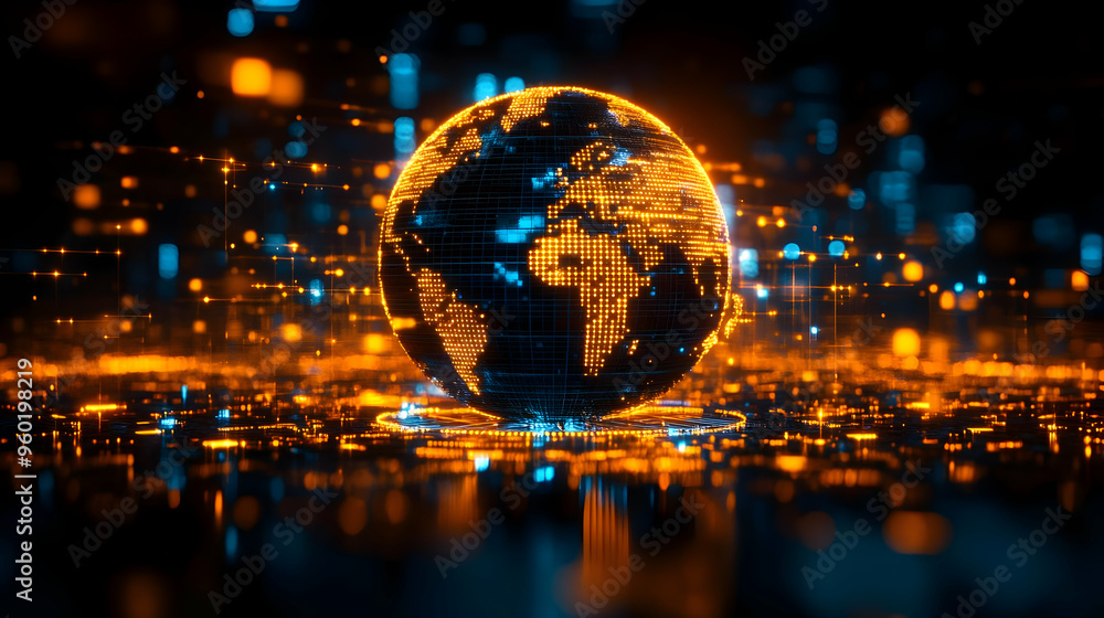 Poster a digital globe surrounded by glowing data points and connections.