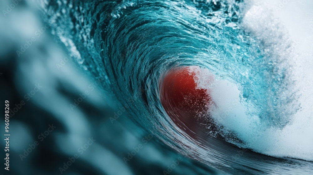 Poster a powerful and dynamic image of an ocean wave surging forward, with water and foam captured in motio