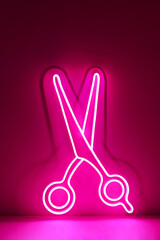 Pink neon sign scissors. Trendy style. Beauty style.  Neon sign. Custom neon. 